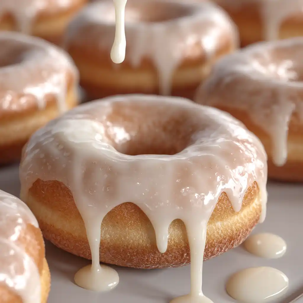 Banana donuts being glazed with vanilla icing
