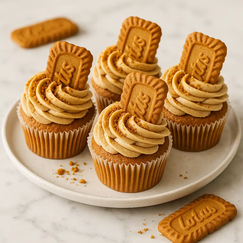 Plate of Biscoff cupcakes with cookie topping