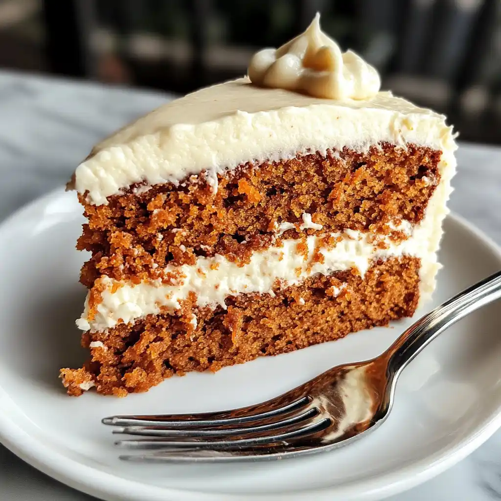 Carrot cake slice with dairy-free cream cheese frosting.