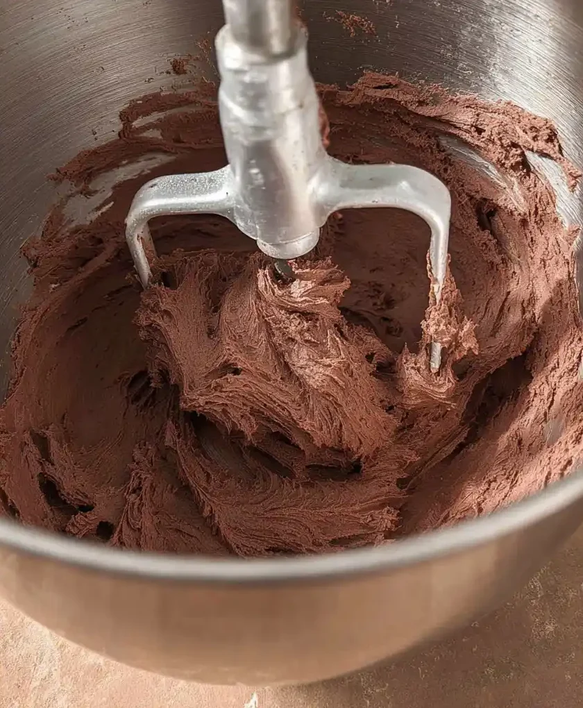 chocolate buttercream frosting in mixing bowl
