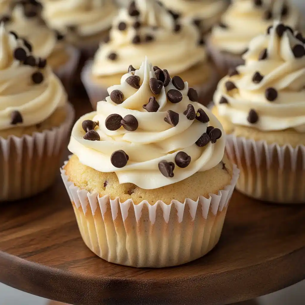 Freshly baked chocolate chip cupcakes on a cooling rack.
