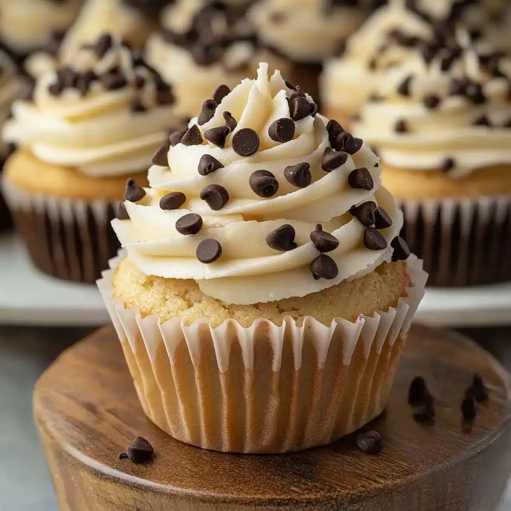 Moist chocolate chip cupcake with gooey chocolate center.