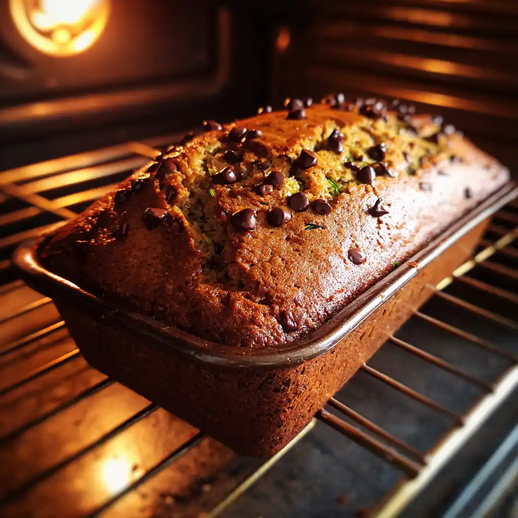 Chocolate chip zucchini loaf baking in the oven