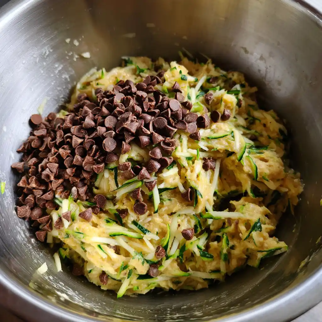 Mixing chocolate chip zucchini loaf batter with zucchini and chocolate chips