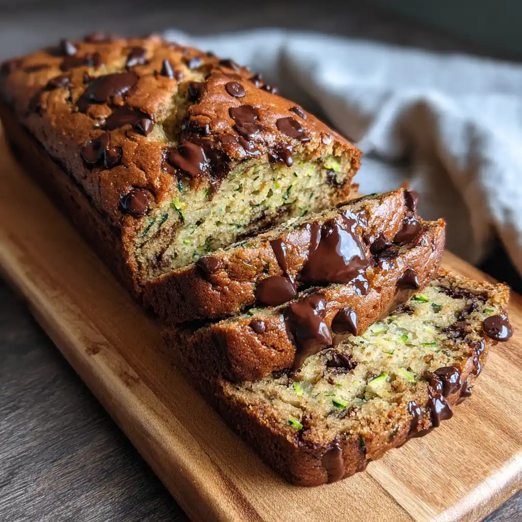 Chocolate chip zucchini loaf sliced with melty chocolate chips