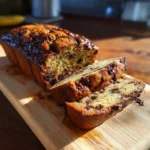 Chocolate chip zucchini loaf sliced with gooey melted chocolate chips