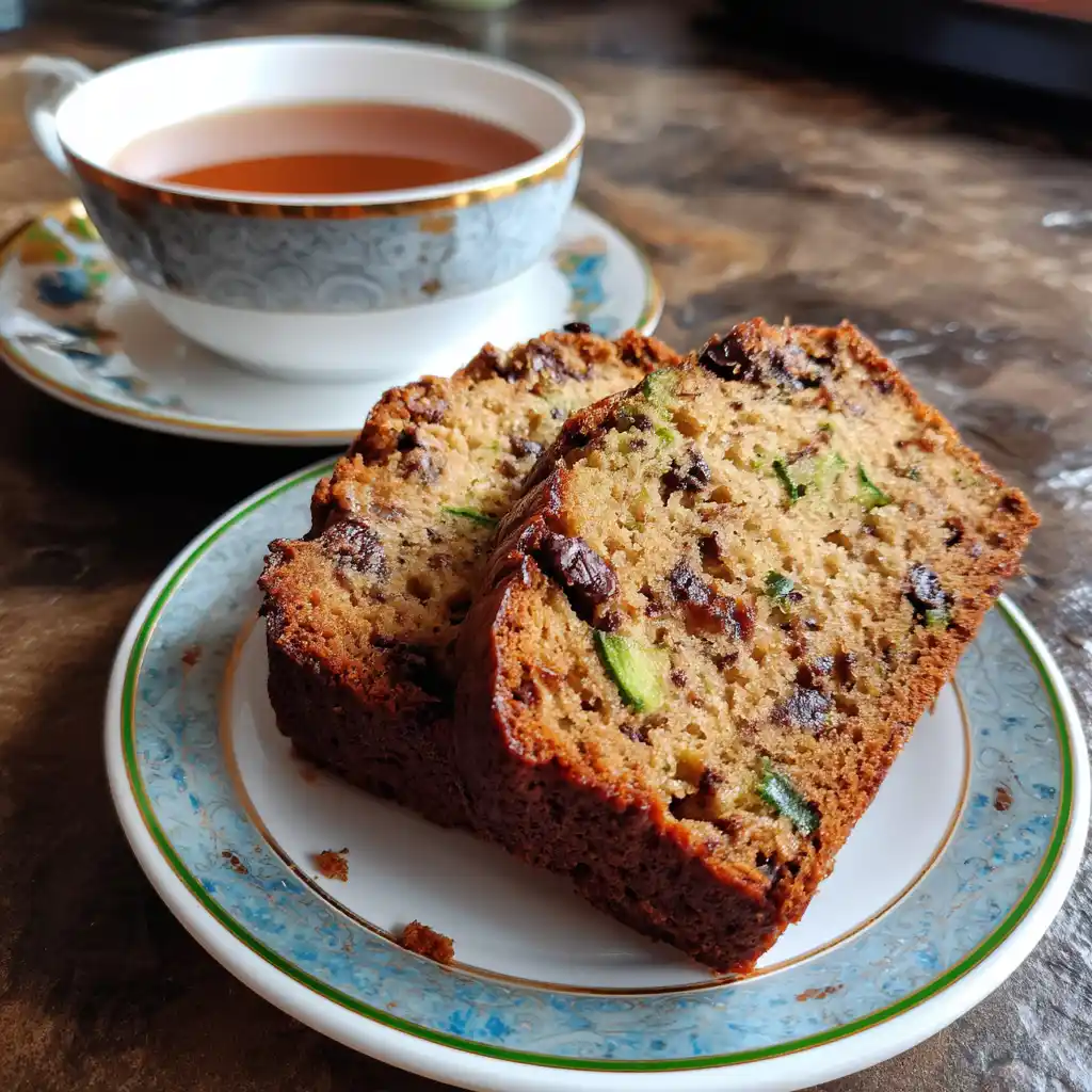 Slice of chocolate chip zucchini loaf served with tea