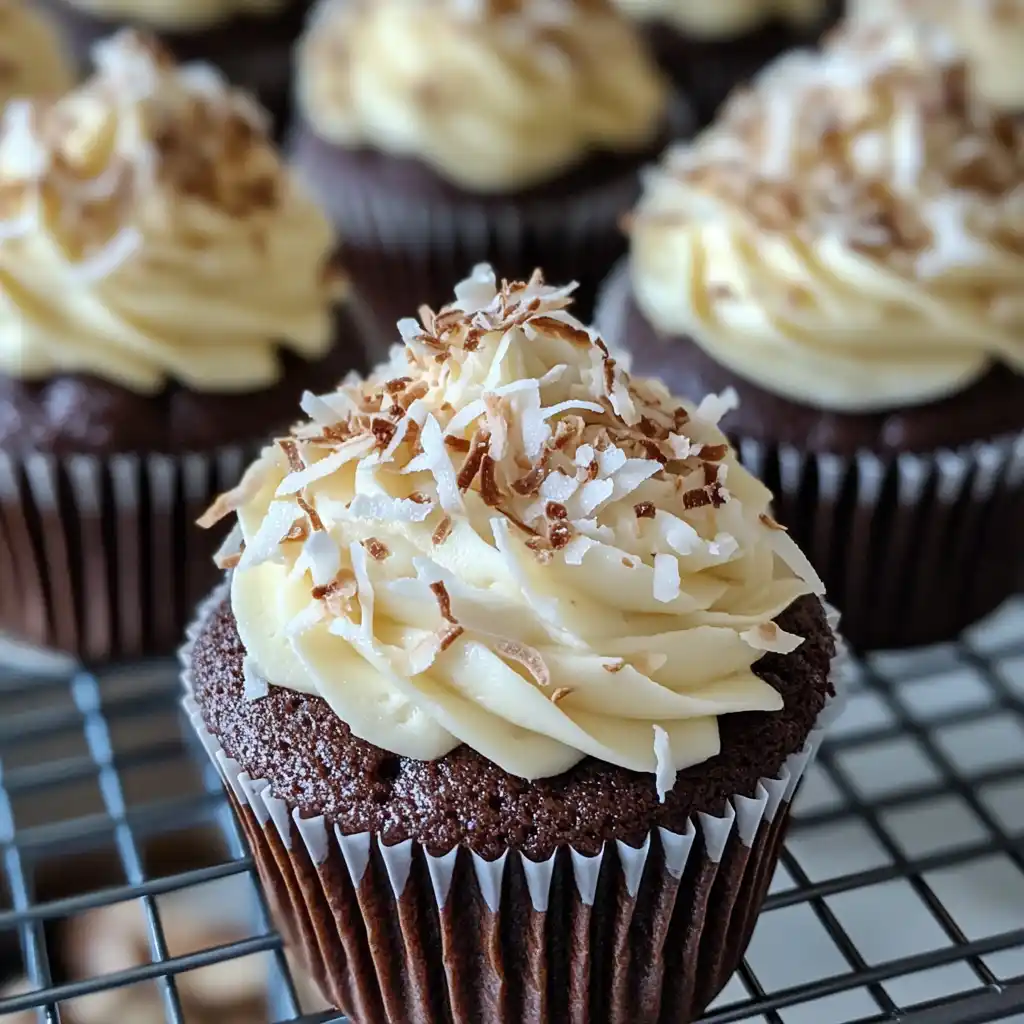 Chocolate coconut cupcakes cooling on a rack with frosting