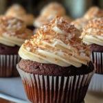 Chocolate coconut cupcakes with coconut buttercream frosting and shredded coconut topping