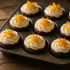 chocolate orange cupcakes recipe card with ingredients and step-by-step instructions