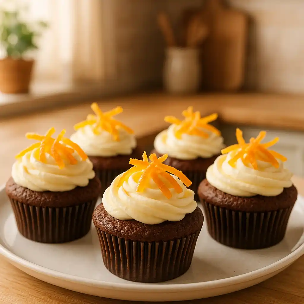 frosted chocolate orange cupcakes with candied peel on plate