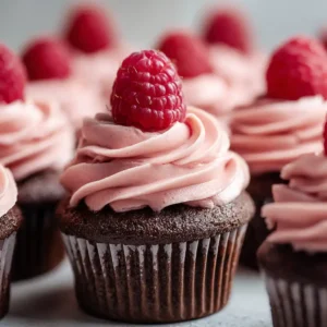 Chocolate raspberry cupcakes with raspberry buttercream frosting and fresh raspberries