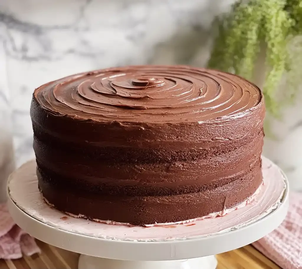 layering chocolate strawberry cake with filling and frosting