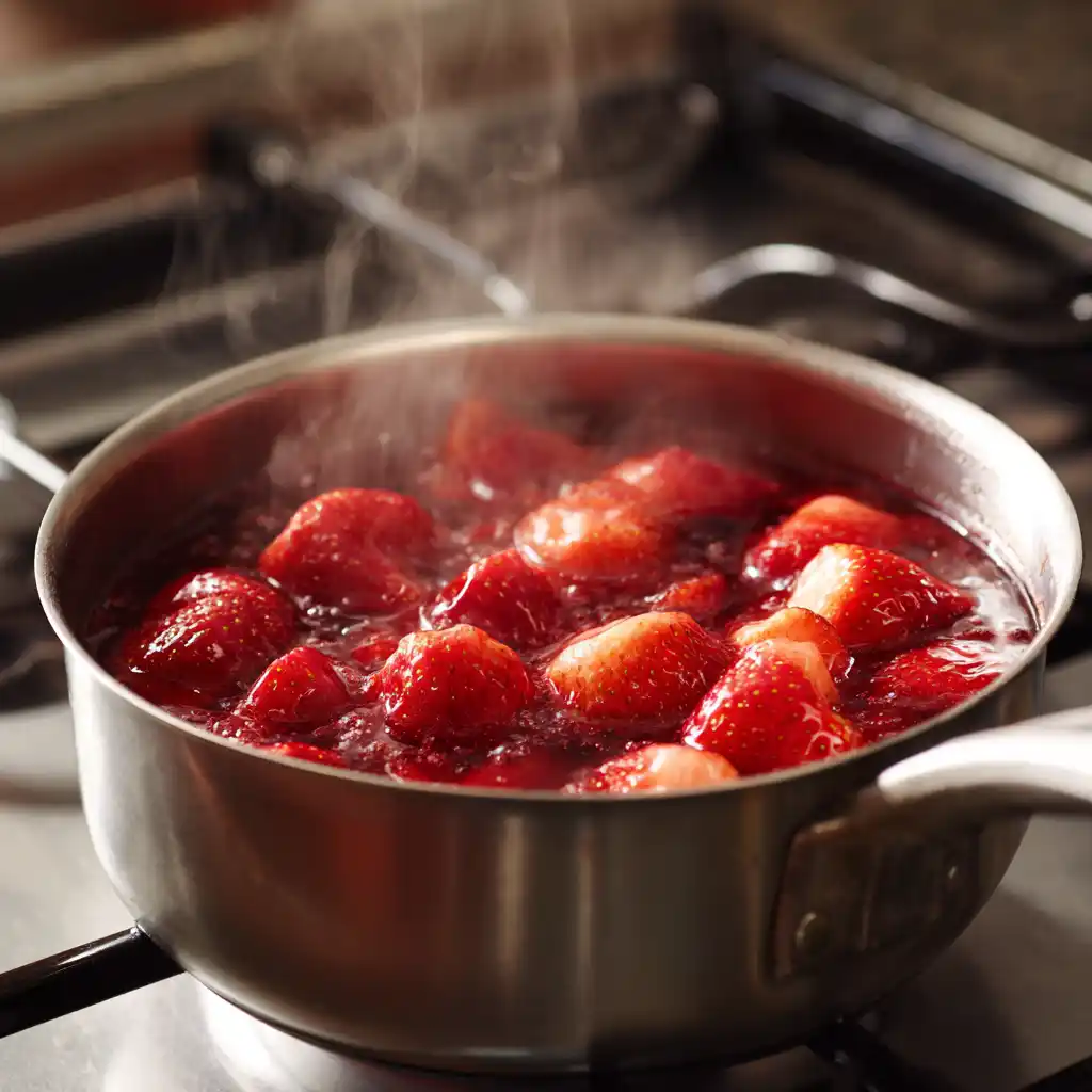 strawberry cake filling simmering on stove