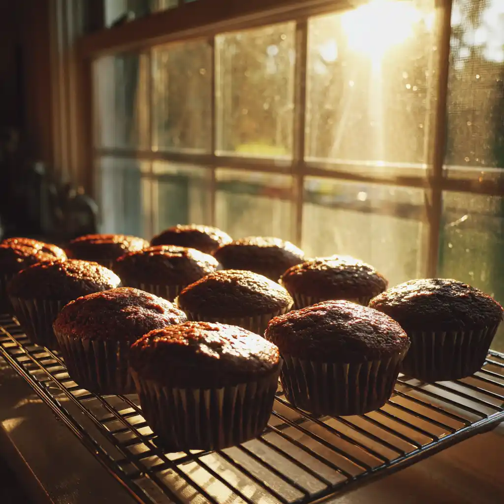 Freshly baked chocolate raspberry cupcakes cooling