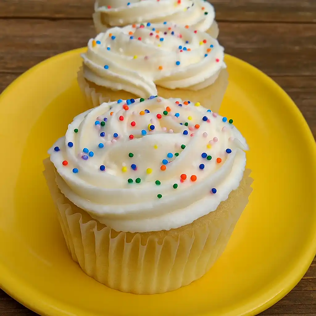 dairy free cupcakes with creamy frosting on wooden table