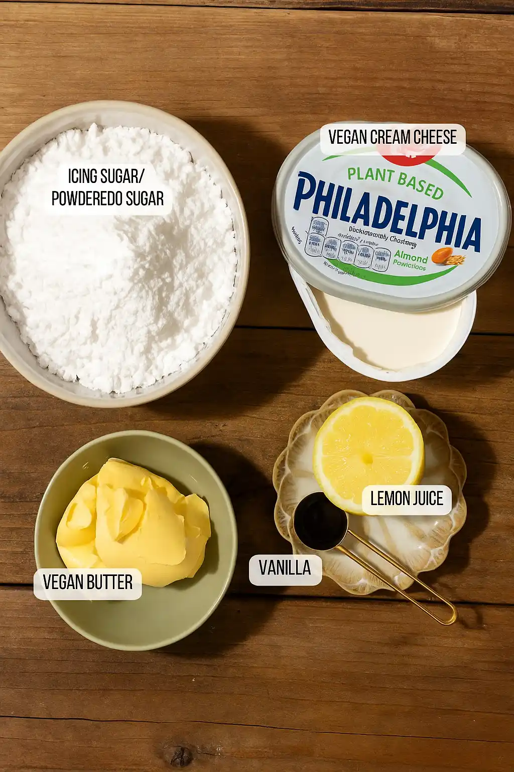 Ingredients for dairy-free cream cheese frosting on a wooden table.