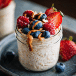 Dairy free overnight oats served in a jar with berries and almond butter.