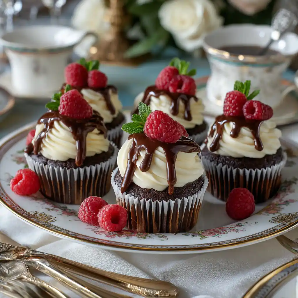 Chocolate raspberry cupcakes with ganache and fresh raspberries