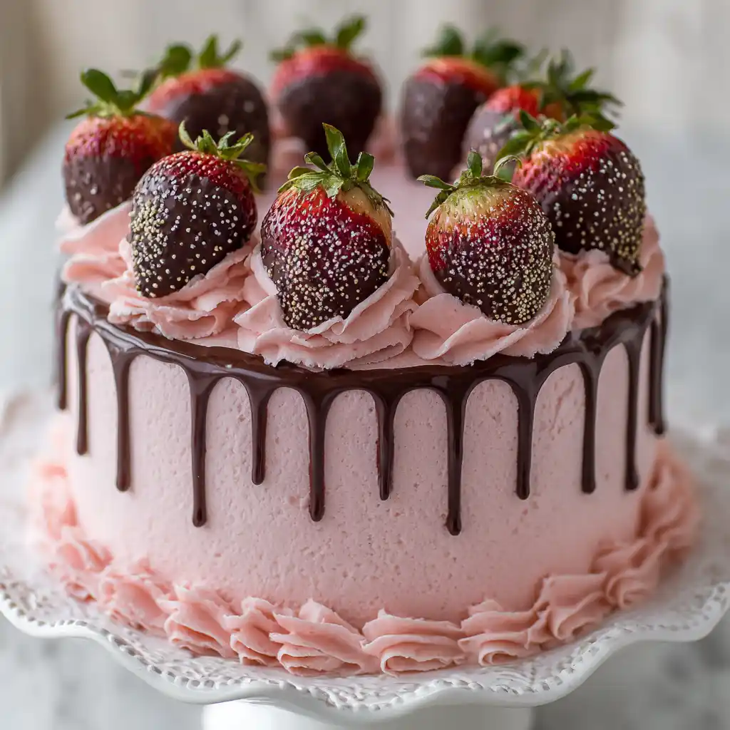 decorated chocolate strawberry cake with strawberry buttercream