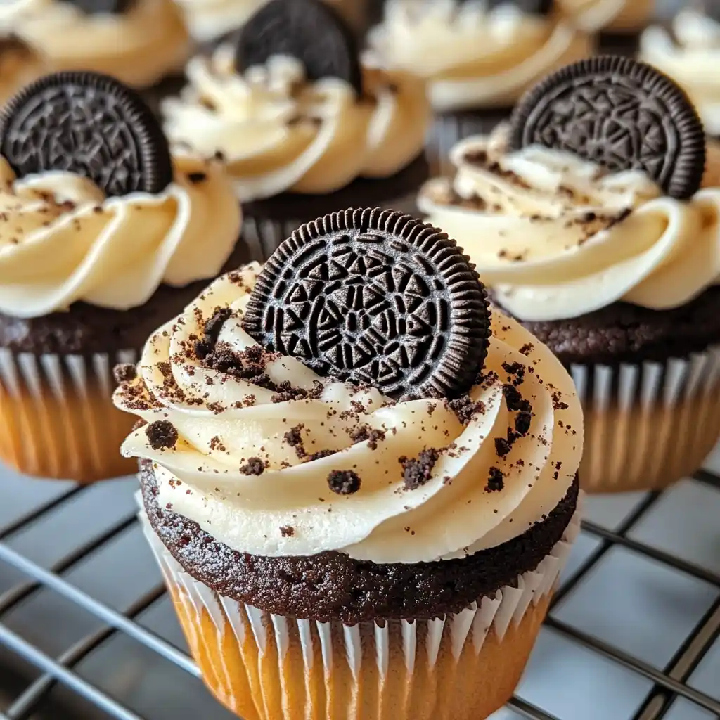 Cookies and cream cupcakes decorated with Oreo halves