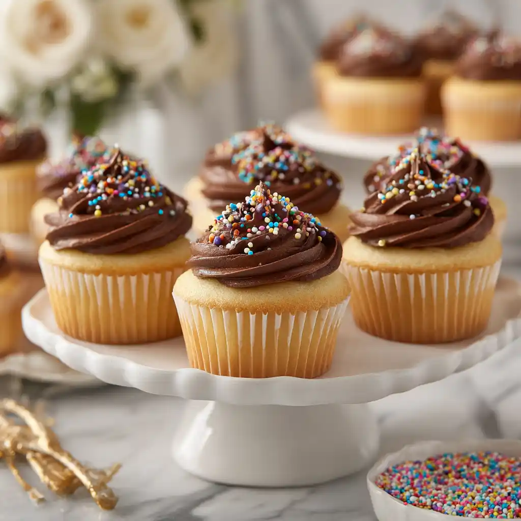 decorated vanilla cupcakes with chocolate frosting on cake stand