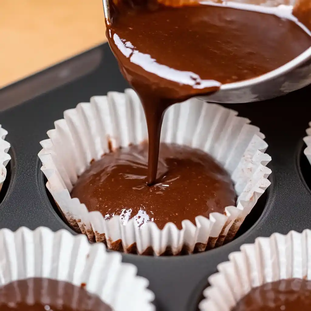 Eggless chocolate cupcake batter in liners