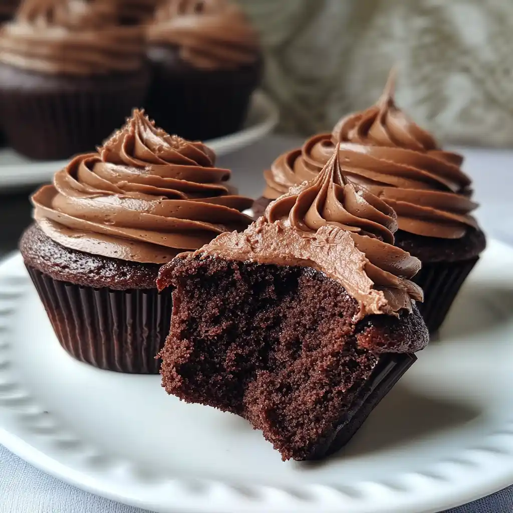 Eggless chocolate cupcakes on a plate with frosting