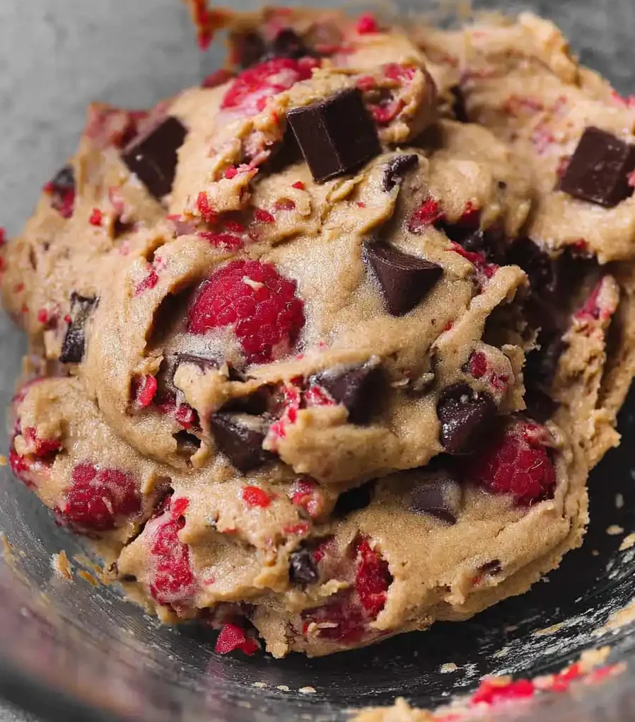 folding raspberries and chocolate chips into cookie dough