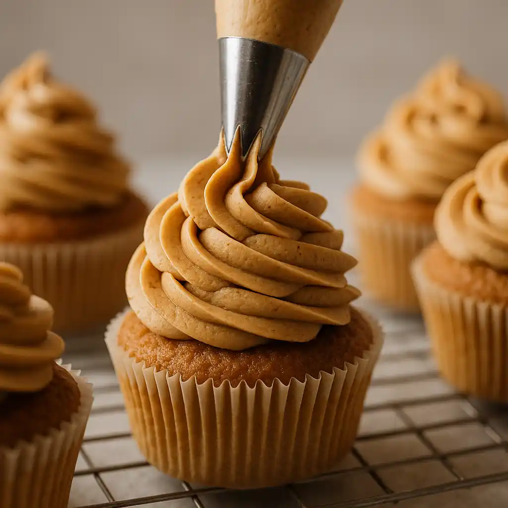 Frosting Biscoff cupcakes with cookie butter buttercream