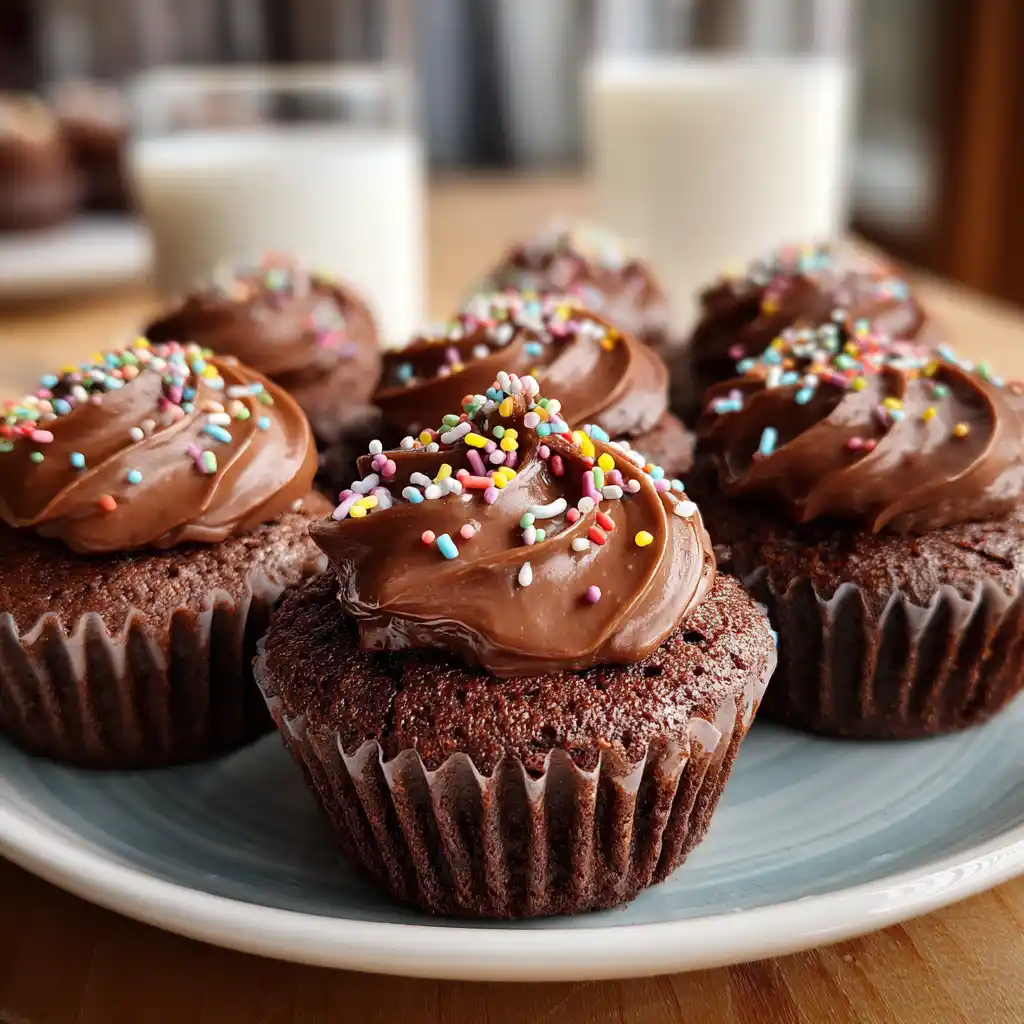 Mini chocolate cupcakes with ganache and sprinkles.