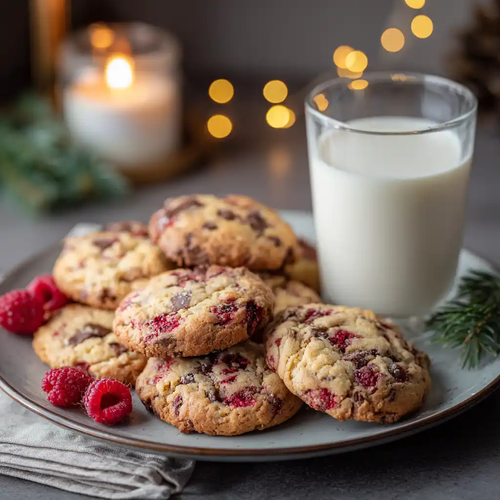 raspberry chocolate chip cookies served with milk