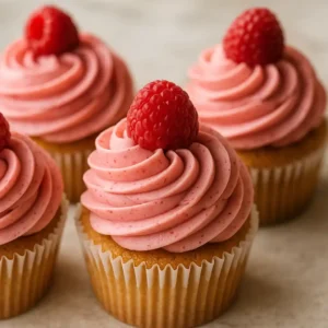 Raspberry cupcakes with raspberry buttercream frosting and fresh raspberries.