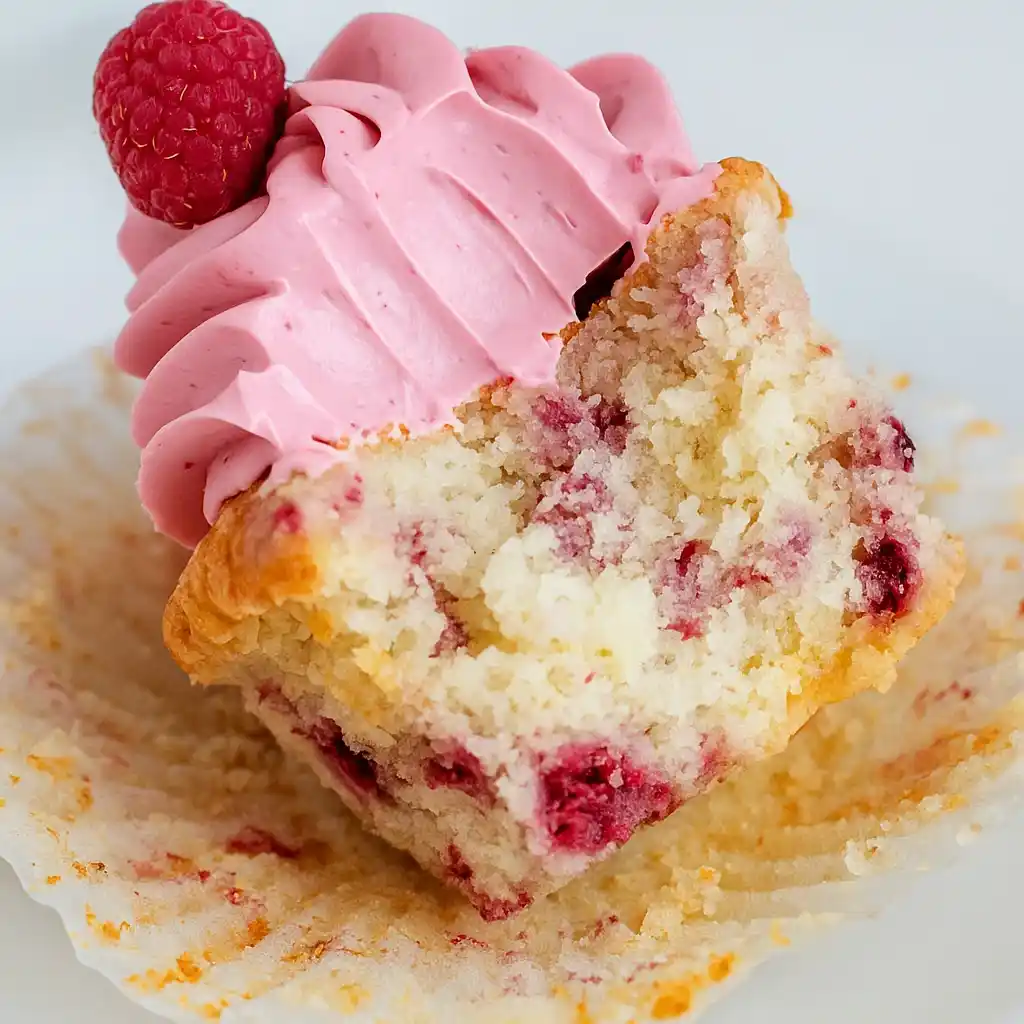 Raspberry cupcakes with pink buttercream frosting on a tray.