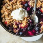 Homemade apple blueberry crisp with golden oat topping, baked apples, and juicy blueberries in a white dish.