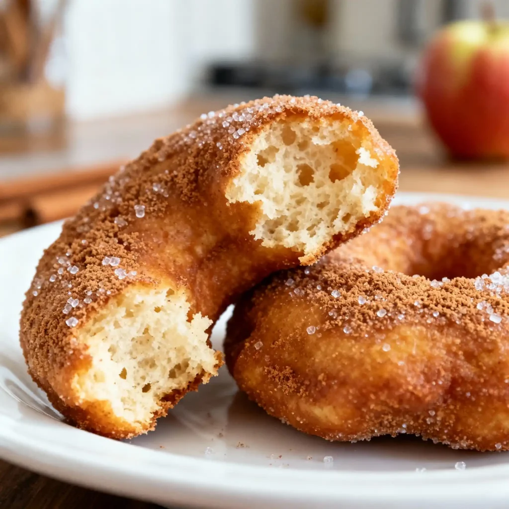 apple cider doughnuts coated in cinnamon sugar on wooden plate