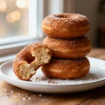 Apple cider doughnuts coated in cinnamon sugar on a rustic wooden plate