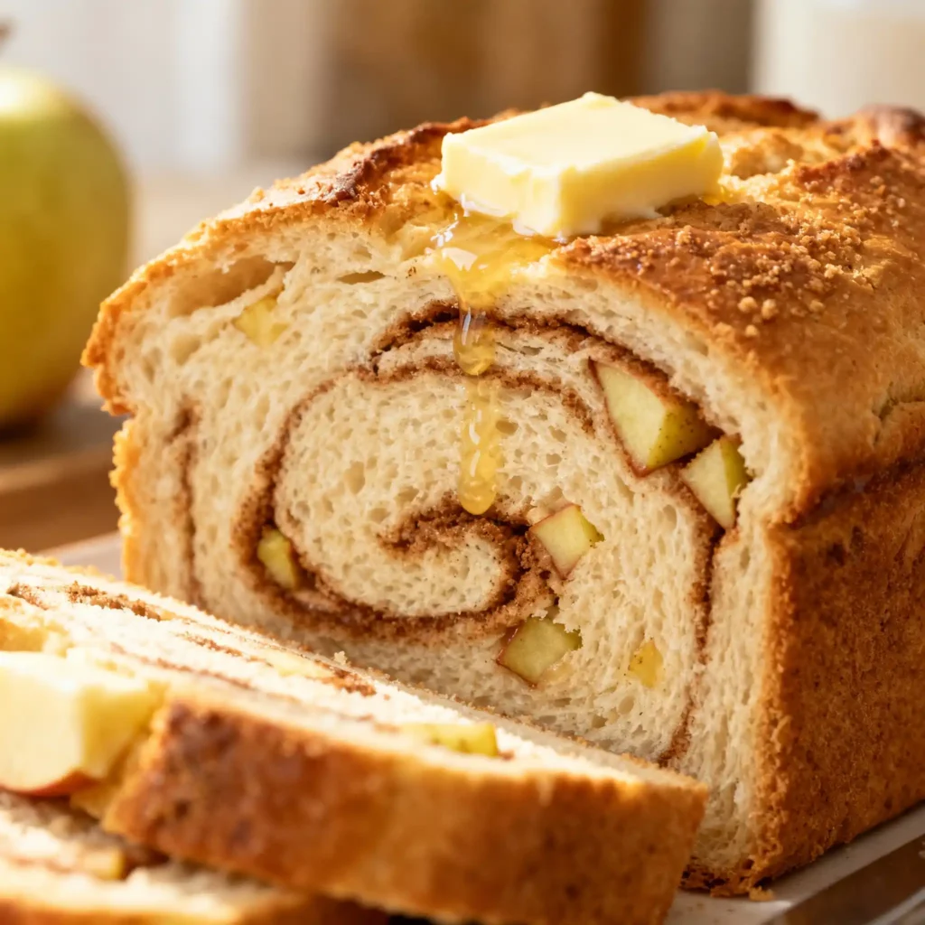 Fresh apple cinnamon bread loaf on wooden counter with butter melting