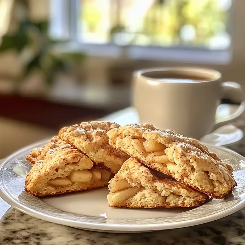 Plate of Fresh Apple Cinnamon Scones served with tea.