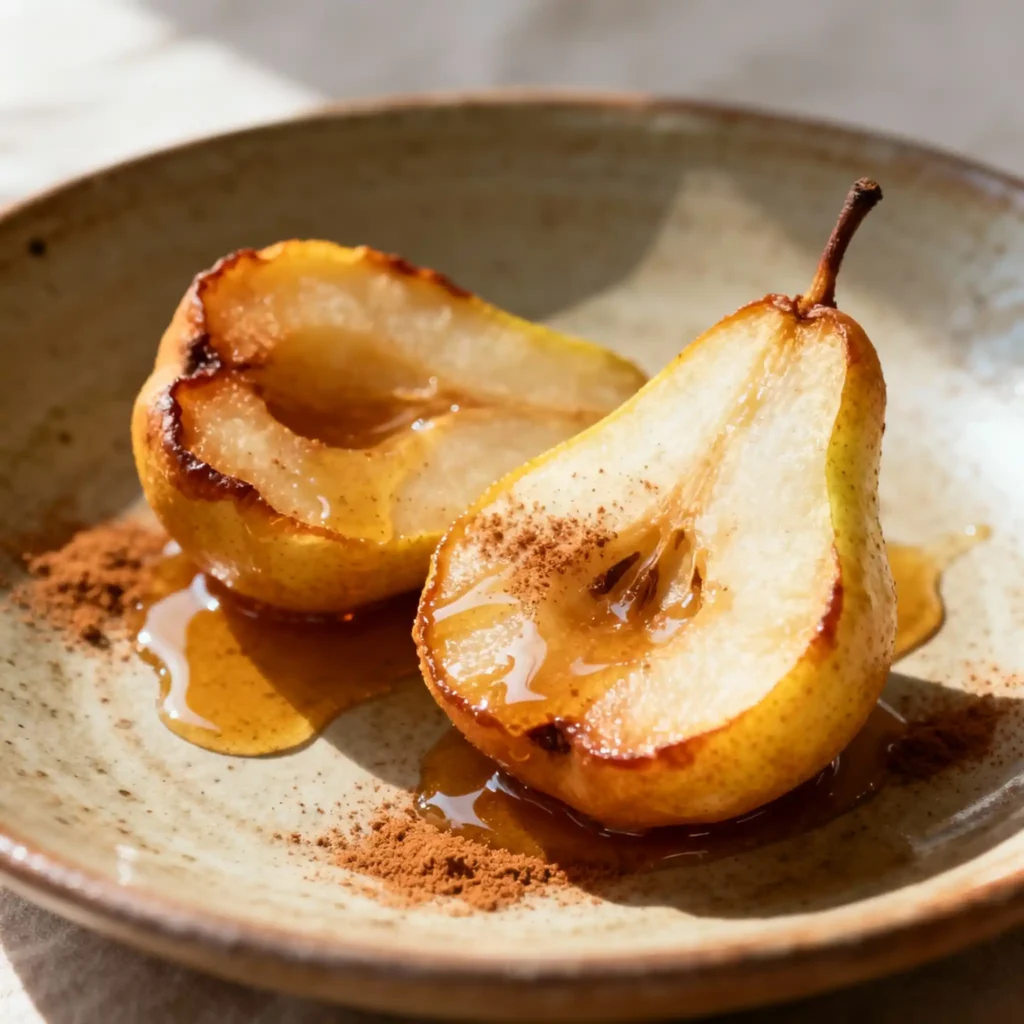 baked pears on a plate with maple syrup and cinnamon