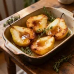 baked pears drizzled with maple syrup, topped with Greek yogurt and granola