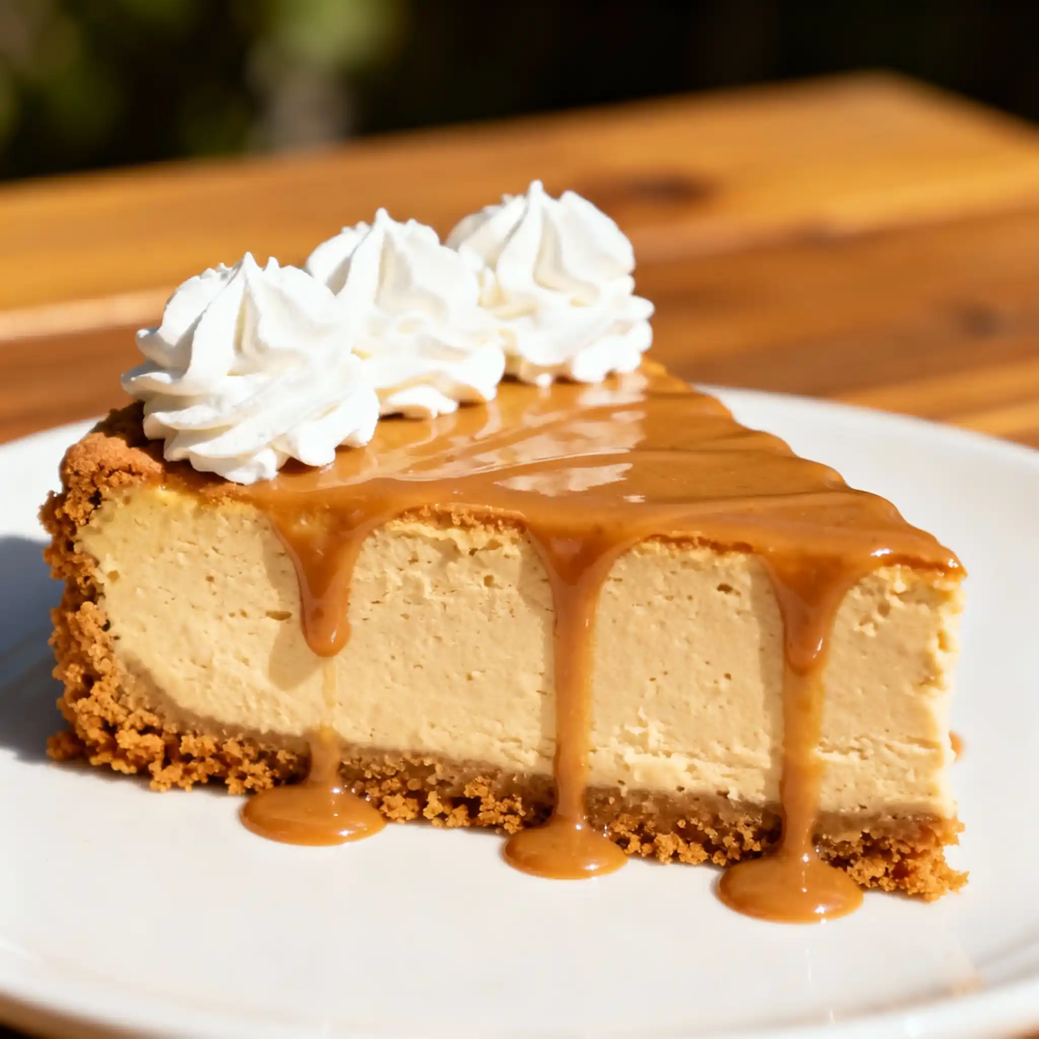 Biscoff cookie butter cheesecake slice with creamy drizzle.