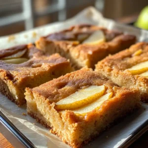 Brown Butter Pear Bars on parchment paper, golden edges with pear slices visible.