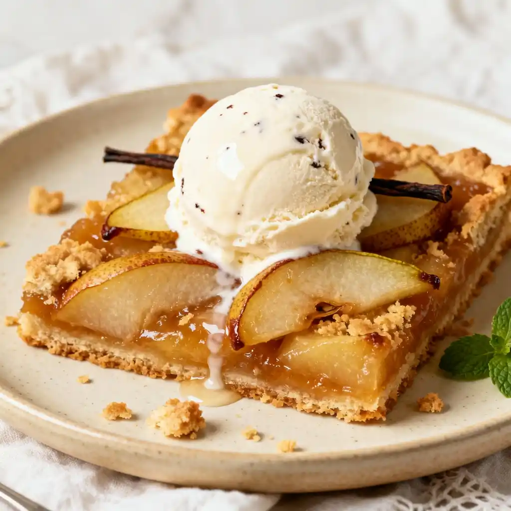 Brown Butter Pear Bars with ice cream on a plate.