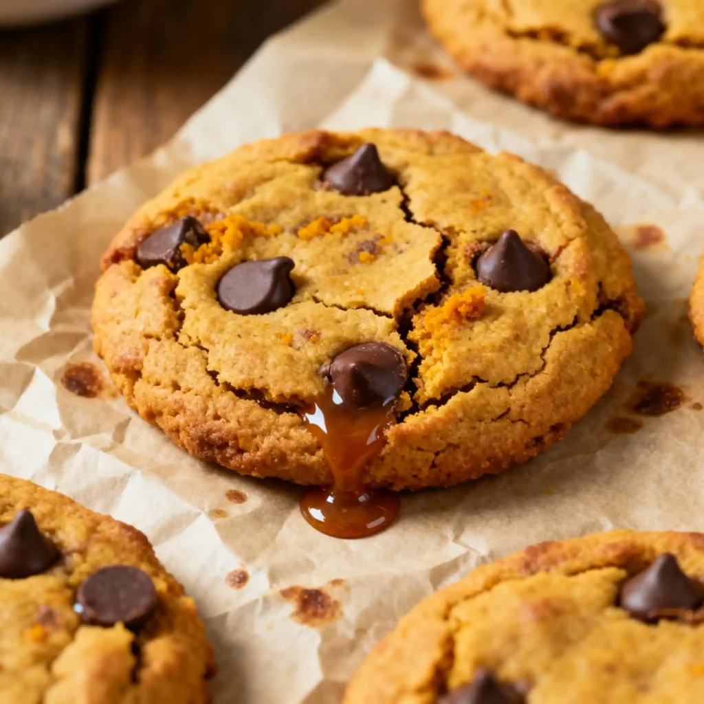 Brown Butter Pumpkin Cookies on a baking tray with melted chocolate chips.