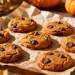 Brown Butter Pumpkin Cookies on a cooling rack with melted chocolate chips and golden edges.