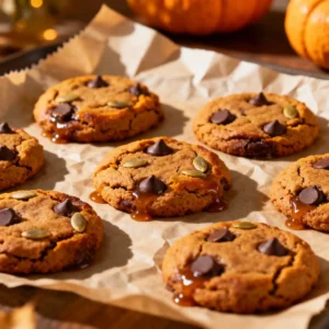 Brown Butter Pumpkin Cookies on a cooling rack with melted chocolate chips and golden edges.