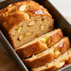 Caramel apple loaf topped with caramel drizzle on a rustic wooden table