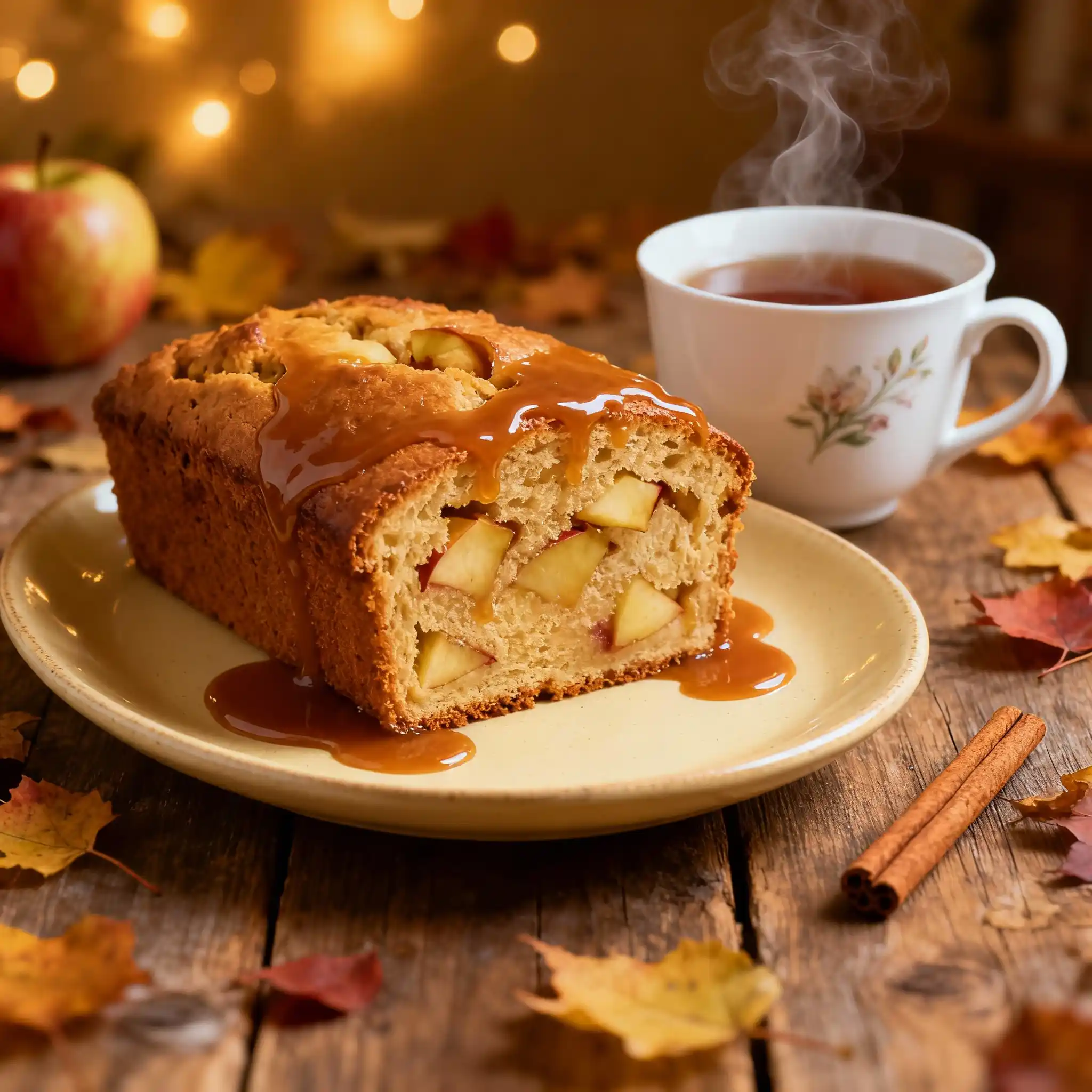 Sliced caramel apple loaf with tea