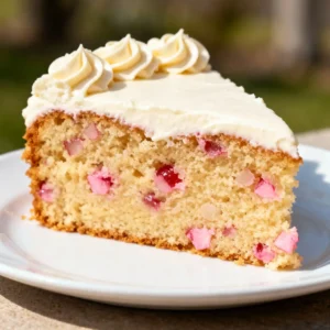 Cherry chip cake with pink cherry bits and buttercream frosting on a vintage cake stand